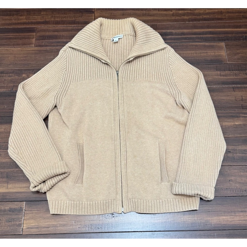 Pendleton Womens XL Full Zip Ribbed Cardigan Sweater Tan Beige Cotton Blend